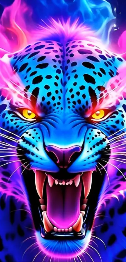 Vivid neon leopard with vibrant colors and intense stare.