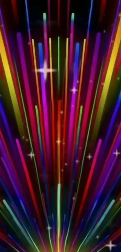 Colorful neon light beams against dark background.