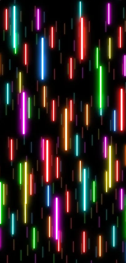 Colorful neon light streaks on a black background for a vibrant mobile wallpaper.