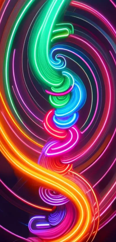 Vibrant neon light swirls creating a colorful, dynamic display on a mobile wallpaper.