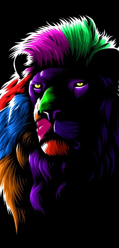 Colorful neon lion illustration on black background.