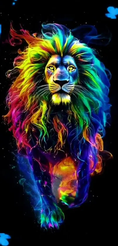 Vibrant neon lion with colorful mane on black background.