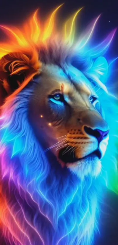 Vibrant neon lion with a colorful, rainbow mane glowing brightly.