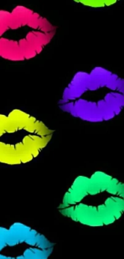 Colorful neon lips pattern on a black background for mobile phones.