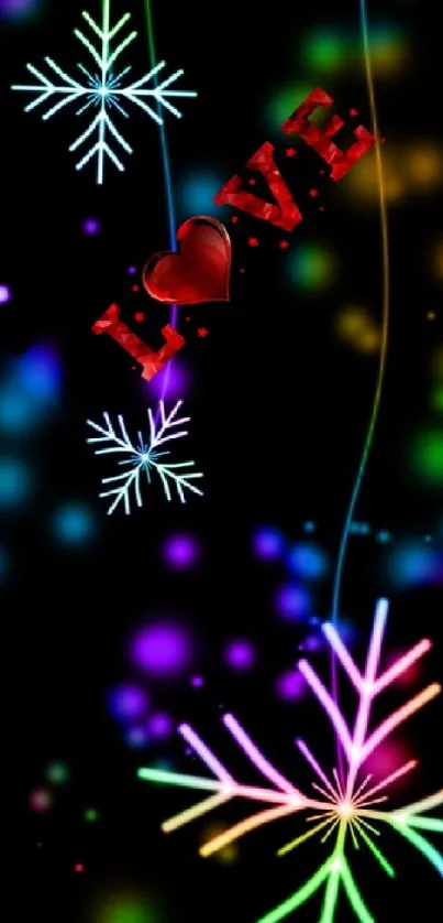 Neon love-themed wallpaper with colorful snowflakes on black background.