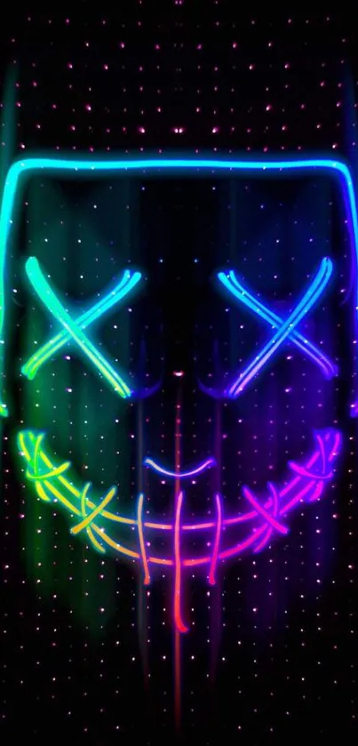 Colorful neon mask with vibrant hues on a dark background.