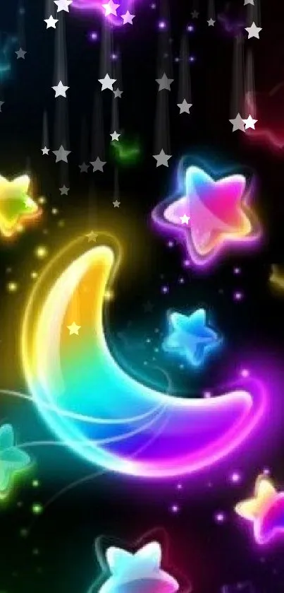 Colorful neon crescent moon with stars wallpaper.