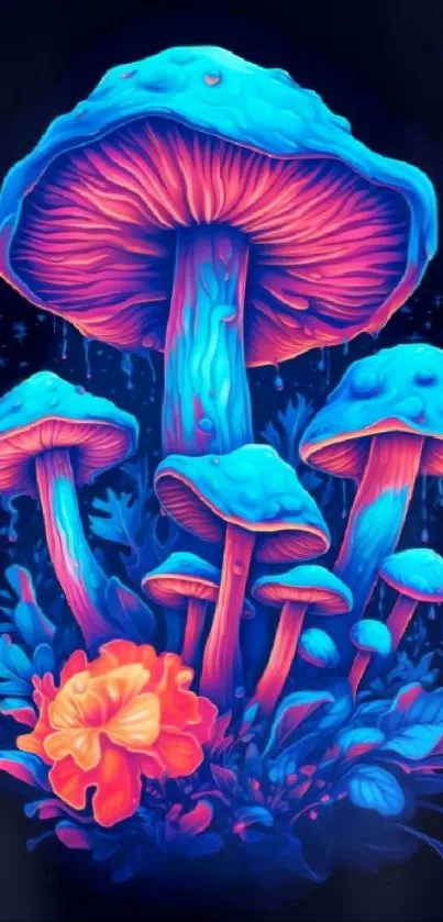 Neon blue and pink mushrooms with vibrant colors on a dark background.