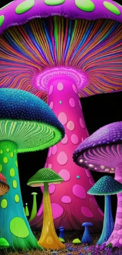 Vibrant neon mushrooms against a dark background, creating a stunning abstract art piece.