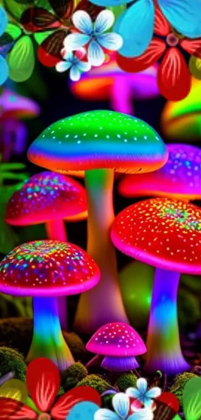 Vibrant neon mushrooms with glowing colors in a fantasy forest setting.
