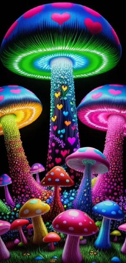 Colorful neon glowing mushrooms in a dark fantasy scene.