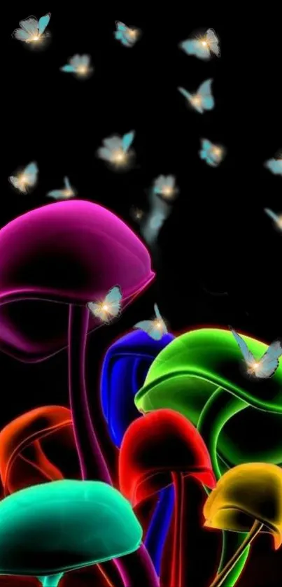 Vibrant neon mushrooms with glowing butterflies on black background.