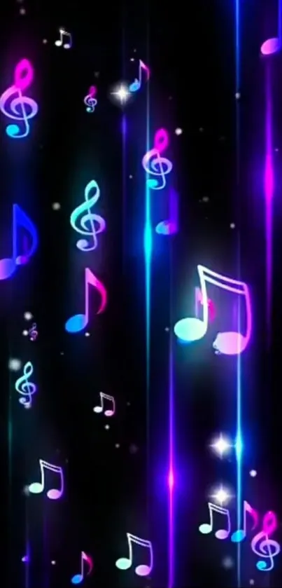Neon musical notes on a black background wallpaper.