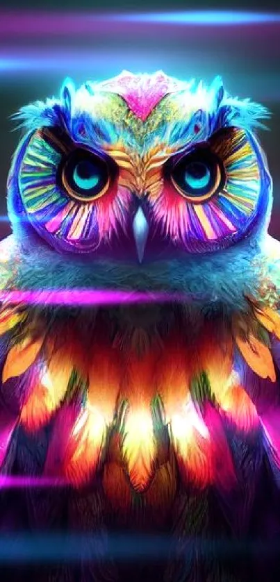 Colorful neon owl with vibrant feathers, perfect for wallpaper.