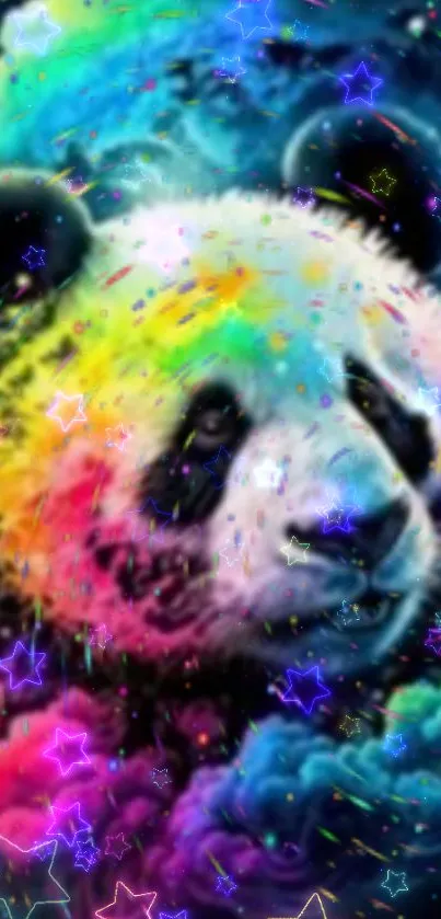 Colorful neon panda with vibrant stars in a lively wallpaper design.