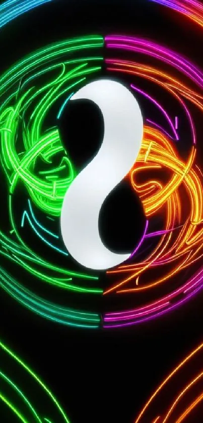 Dynamic neon swirl mobile wallpaper with vibrant colors and central white design.