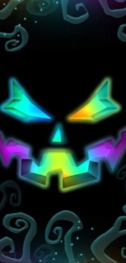 Colorful neon pumpkin face with abstract shapes and glowing swirls.