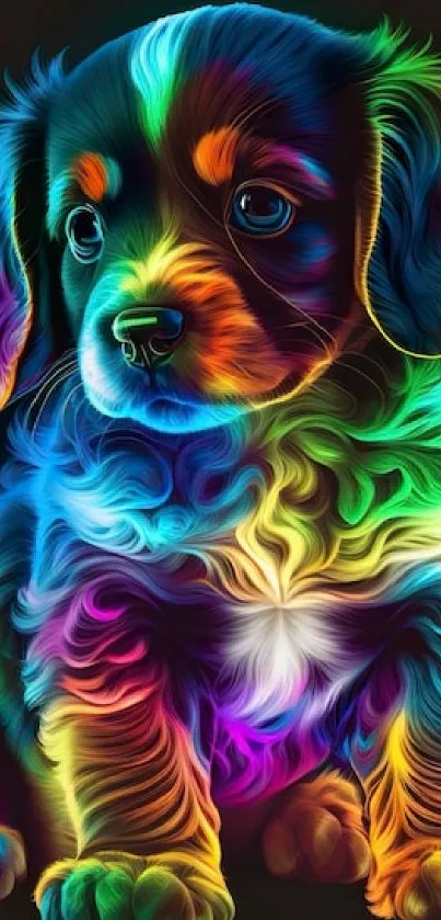 Colorful neon puppy art on black background.