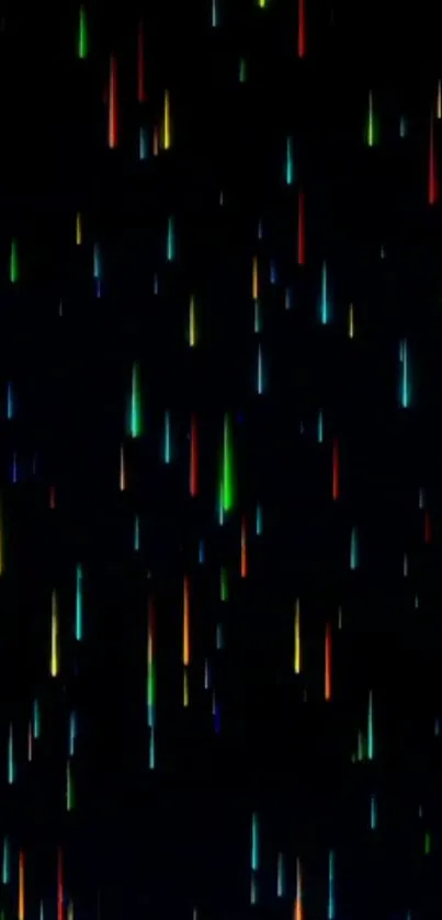 Mobile wallpaper with colorful neon raindrops on a black background.