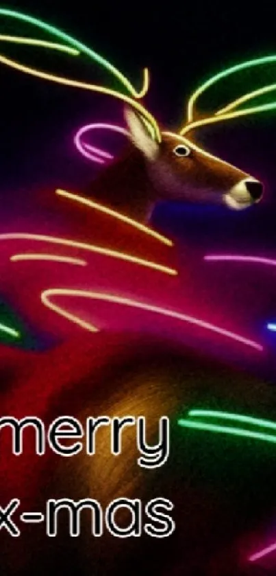 Neon reindeer with glowing antlers and Merry X-mas text.