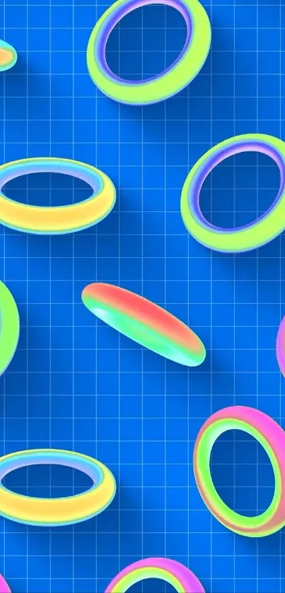 Colorful neon rings on a blue grid background.