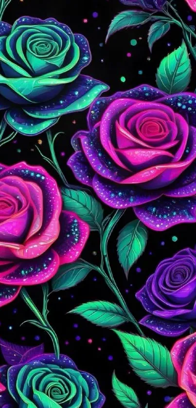 Vibrant neon roses on a dark background with colorful petals.
