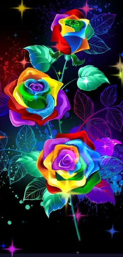 Vibrant neon roses with colorful leaves on a dark background.