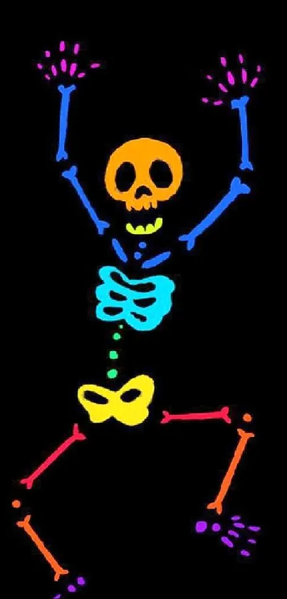 Colorful neon skeleton artwork on black background.