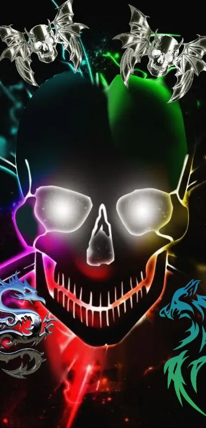 Neon skull with mystical designs and vibrant effects on dark background.