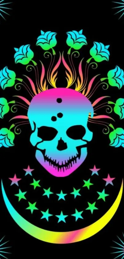Vibrant neon skull with floral design on black background.