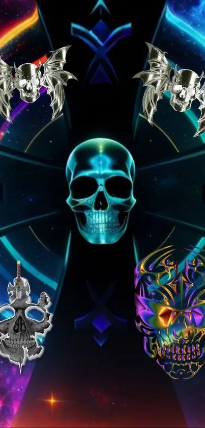 Colorful neon skulls with cosmic design wallpaper.