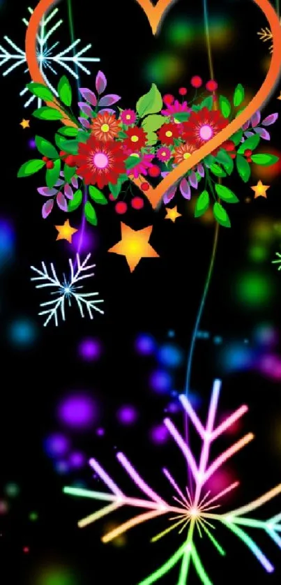 Colorful neon snowflakes with a floral heart on black background.