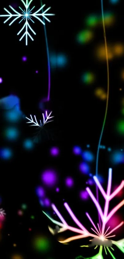 Vibrant neon snowflake wallpaper with colorful abstract patterns on a dark background.