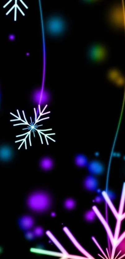 Colorful neon snowflakes on dark wallpaper background.