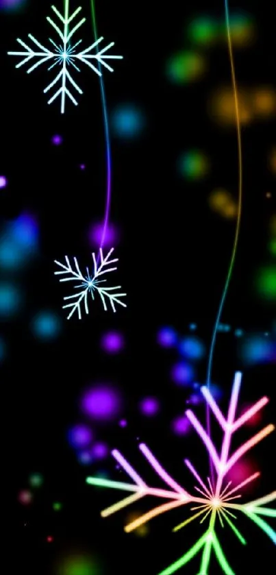 Colorful neon snowflakes on a dark background creating a vibrant mobile wallpaper.