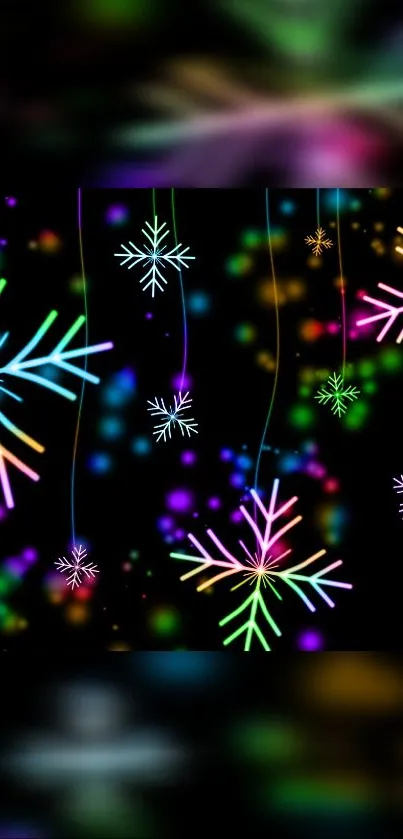 Vibrant neon snowflakes on a dark background, creating a festive mobile wallpaper.