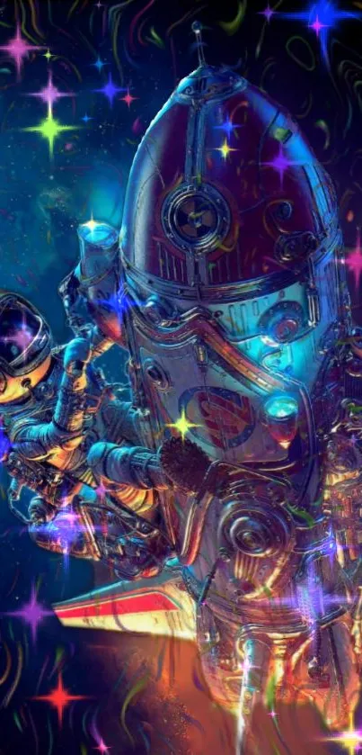 Colorful neon-themed space wallpaper with rocket and astronaut.