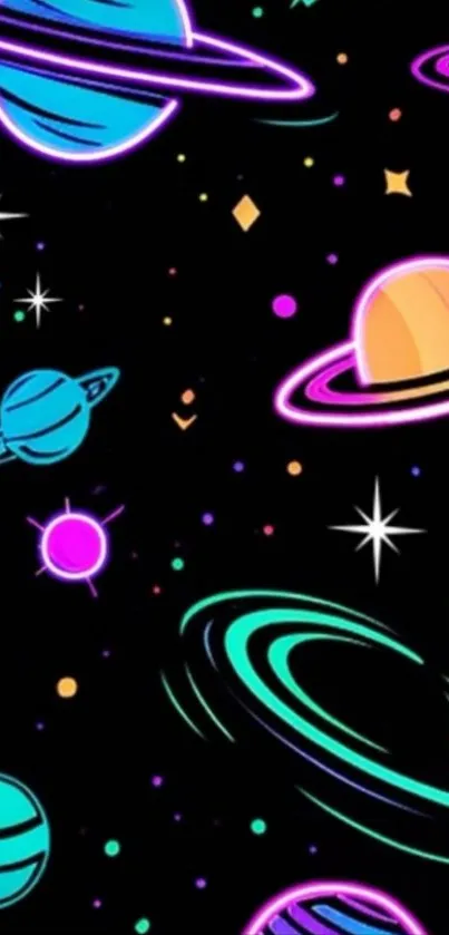 A neon space wallpaper with colorful planets and stars.