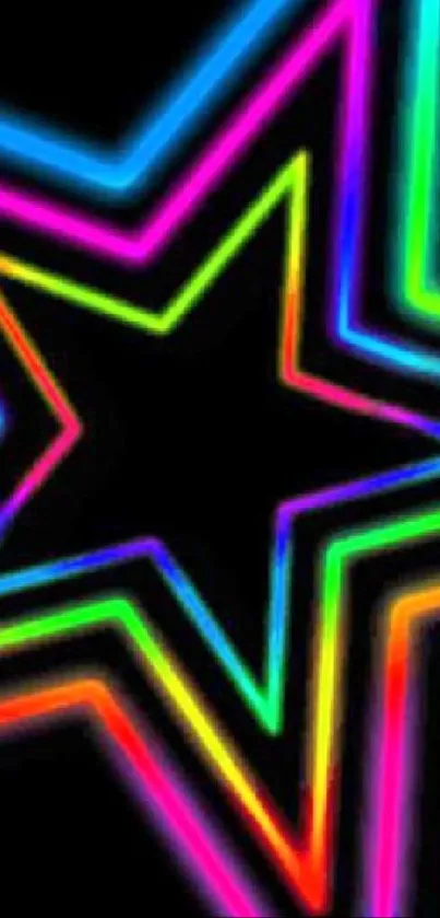 Colorful neon star design with rainbow hues on black background.