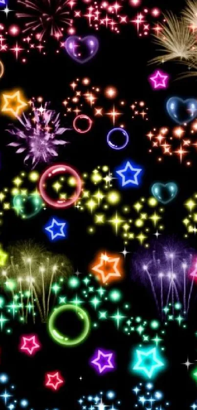 Colorful neon stars and fireworks on a black background.