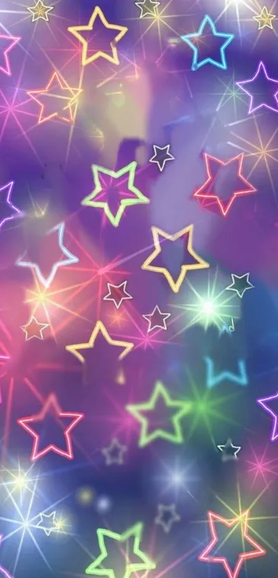 Colorful neon stars on a dark background wallpaper.