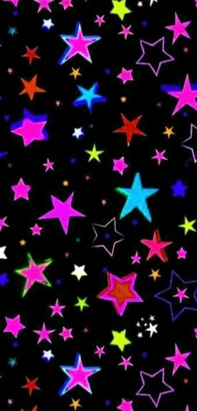 Mobile wallpaper with colorful neon stars on a black background.