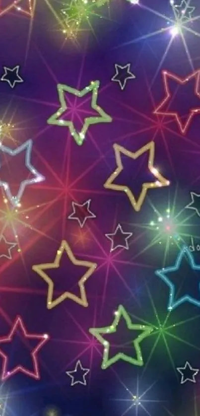 Vibrant neon stars wallpaper with dark blue background.