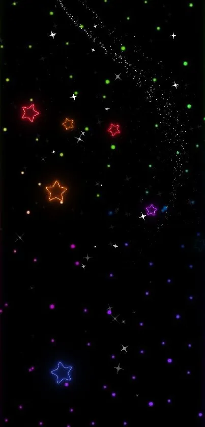 Vibrant neon starry mobile wallpaper with a colorful glowing border