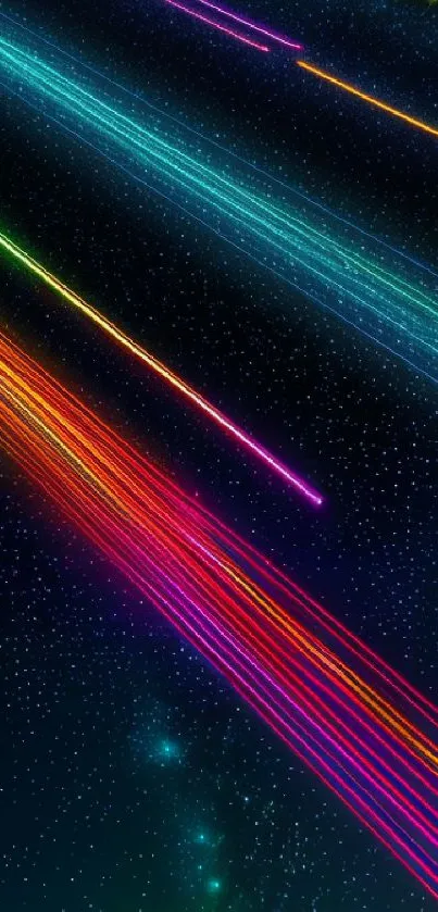 Bright neon streaks on a starry night sky wallpaper for mobile screen.