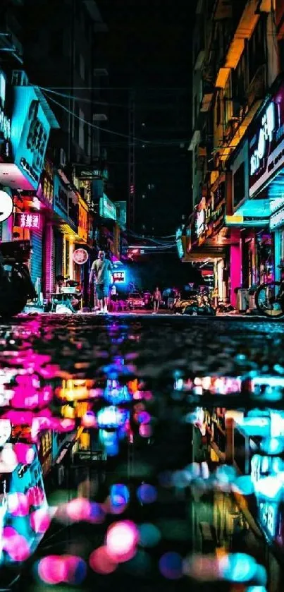 Vivid neon street reflection at night showcasing urban nightlife.