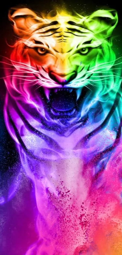 Neon tiger with vivid, colorful design on black background.