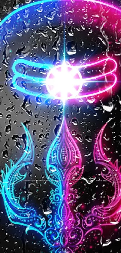 Neon trident design with blue and pink colors on a water droplet background.