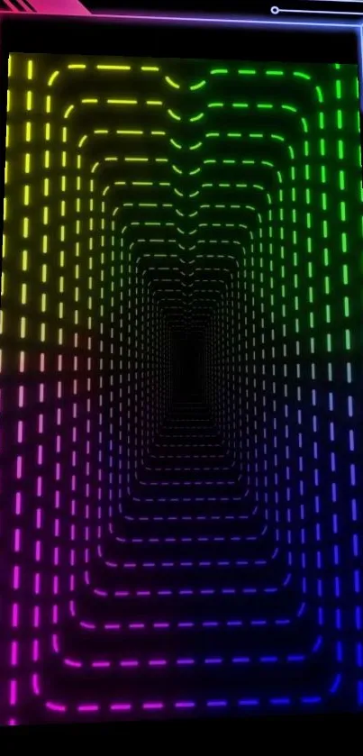 Vibrant neon tunnel with colorful pattern design on a black background.