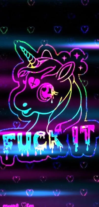 Neon unicorn design with colorful text on black background.